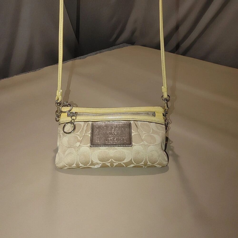 Coach Signature Logo Poppy Beige Yellow Crossbody Wristlet Purse Convertible - Picture 9 of 11